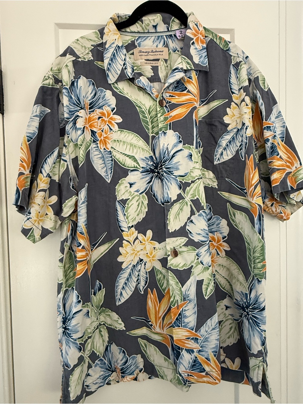Tommy Bahama Gray Short-Sleeve Hawaiian Shirt with Blue & Orange Floral Print